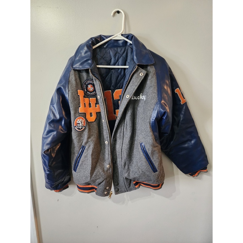 Lucky Brand Luckyville Bulldogs Varsity Jacket Grey Blue Reversible Chenille L
